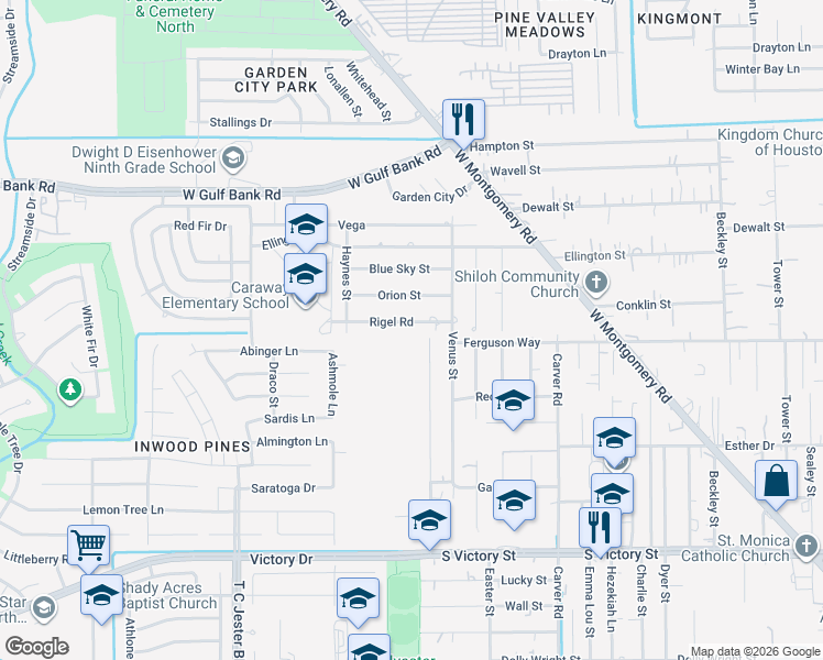 map of restaurants, bars, coffee shops, grocery stores, and more near 2835 Rigel Road in Houston