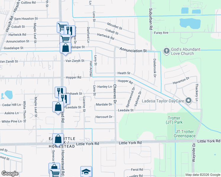 map of restaurants, bars, coffee shops, grocery stores, and more near 6418 Hanley Ln in Houston