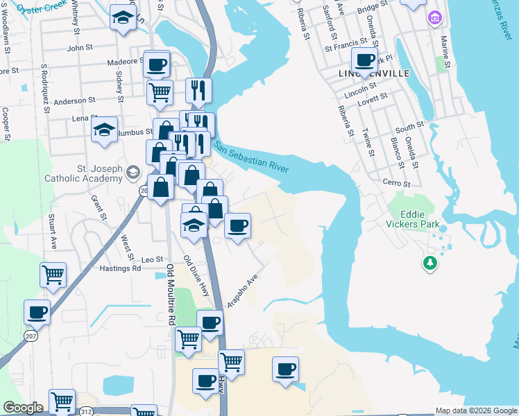 map of restaurants, bars, coffee shops, grocery stores, and more near 130 Shipyard Way in St. Augustine