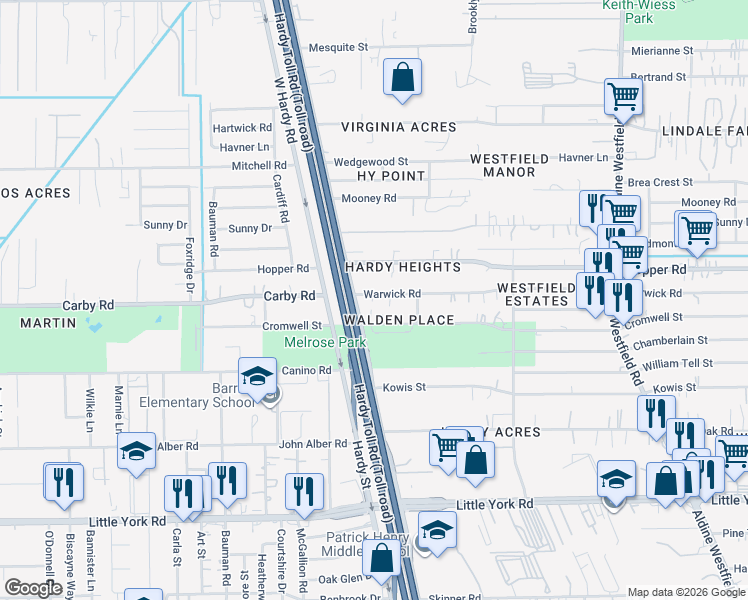 map of restaurants, bars, coffee shops, grocery stores, and more near 1410 Warwick Road in Houston