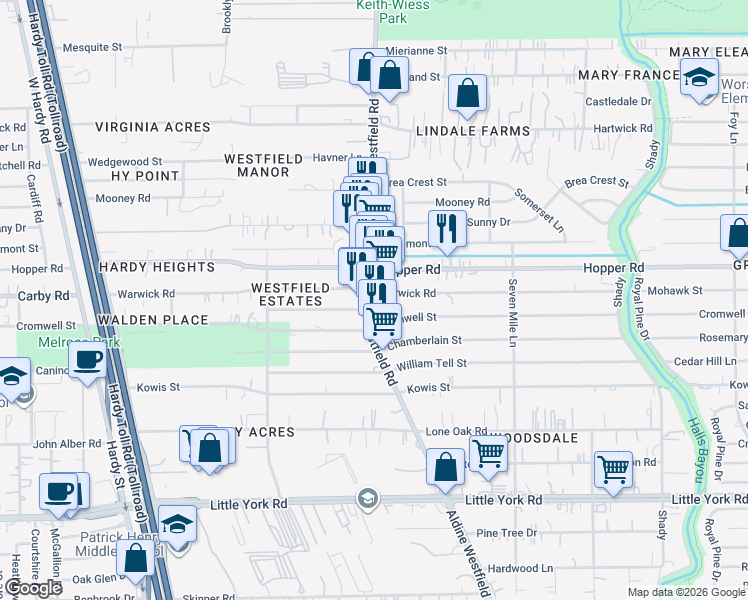 map of restaurants, bars, coffee shops, grocery stores, and more near 11126 Aldine Westfield Road in Houston