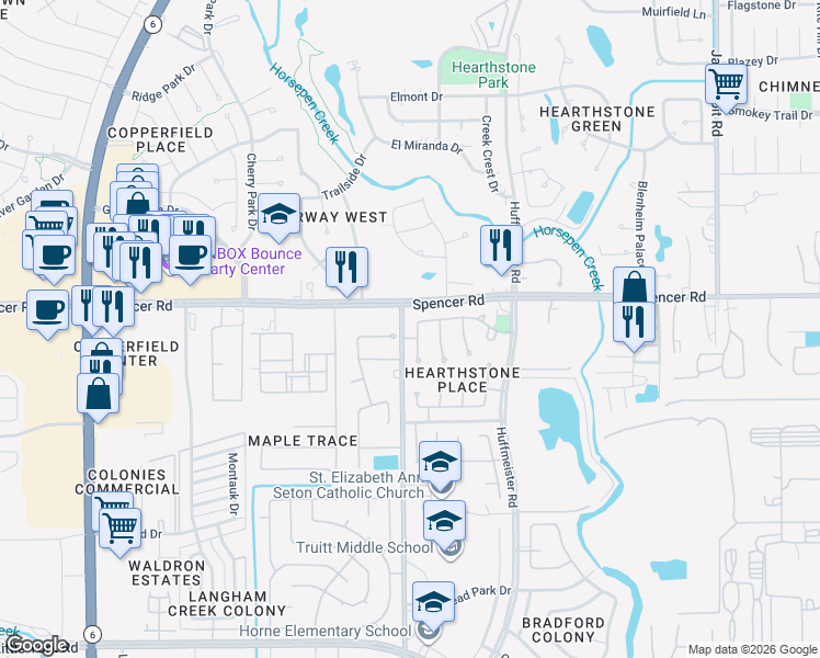 map of restaurants, bars, coffee shops, grocery stores, and more near 7035 Madison Trail in Houston