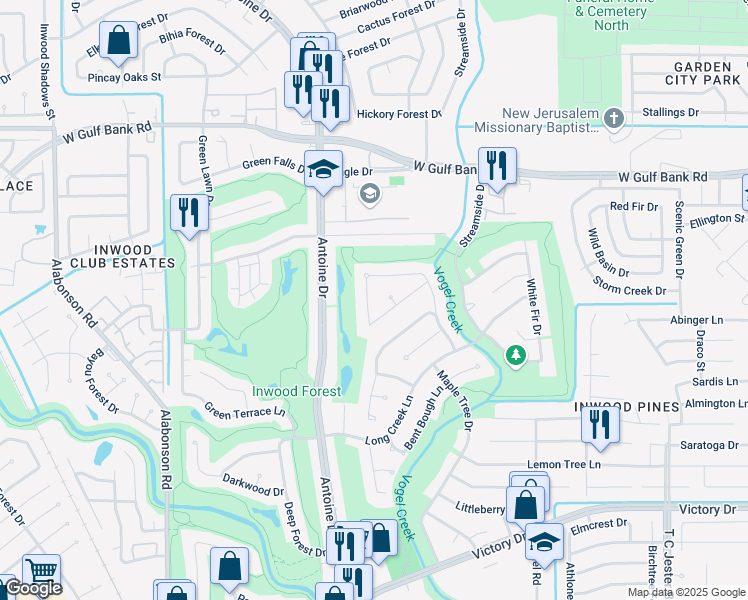 map of restaurants, bars, coffee shops, grocery stores, and more near 7807 Turfwood Lane in Houston