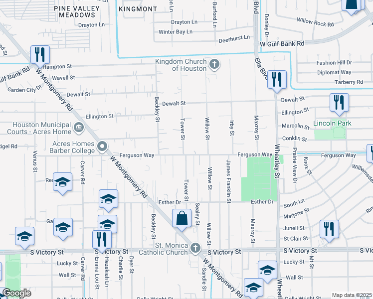 map of restaurants, bars, coffee shops, grocery stores, and more near 9306 Tower Street in Houston