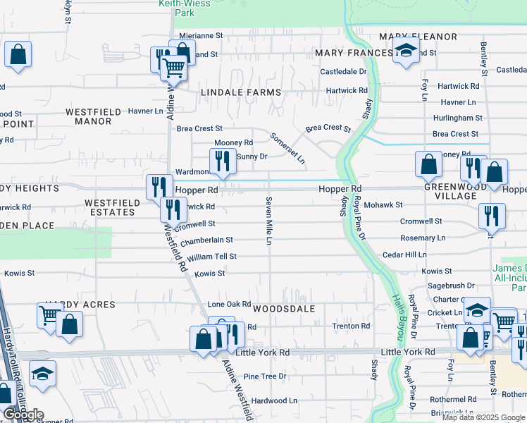 map of restaurants, bars, coffee shops, grocery stores, and more near 2402 Warwick Road in Houston