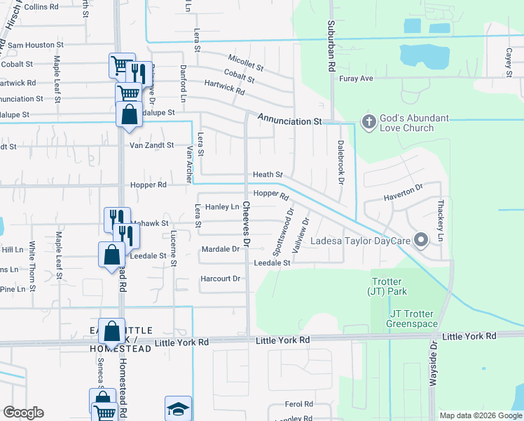 map of restaurants, bars, coffee shops, grocery stores, and more near 6518 Hanley Lane in Houston