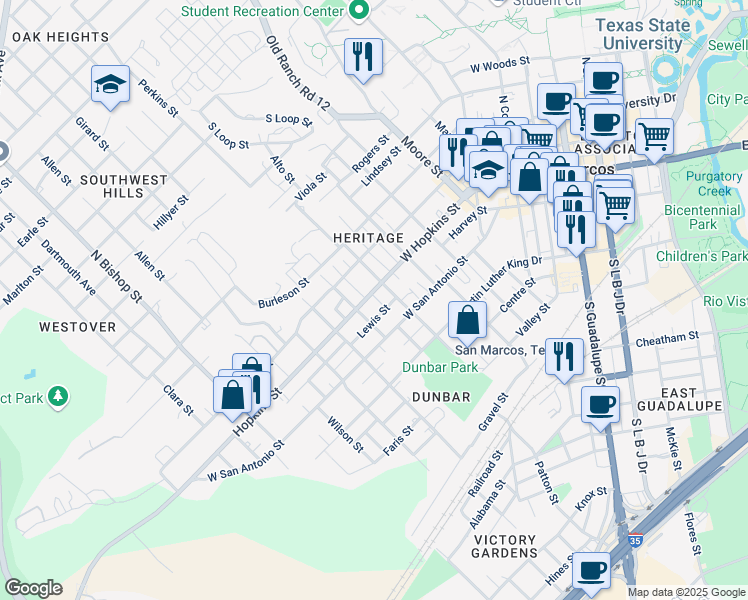 map of restaurants, bars, coffee shops, grocery stores, and more near 819 West Hopkins Street in San Marcos