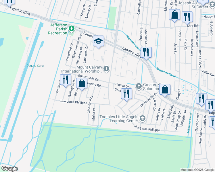 map of restaurants, bars, coffee shops, grocery stores, and more near 1913 Westwood Drive in Marrero
