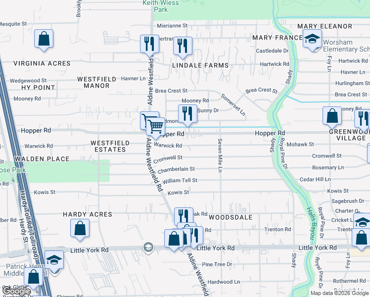 map of restaurants, bars, coffee shops, grocery stores, and more near 2202 Warwick Road in Houston