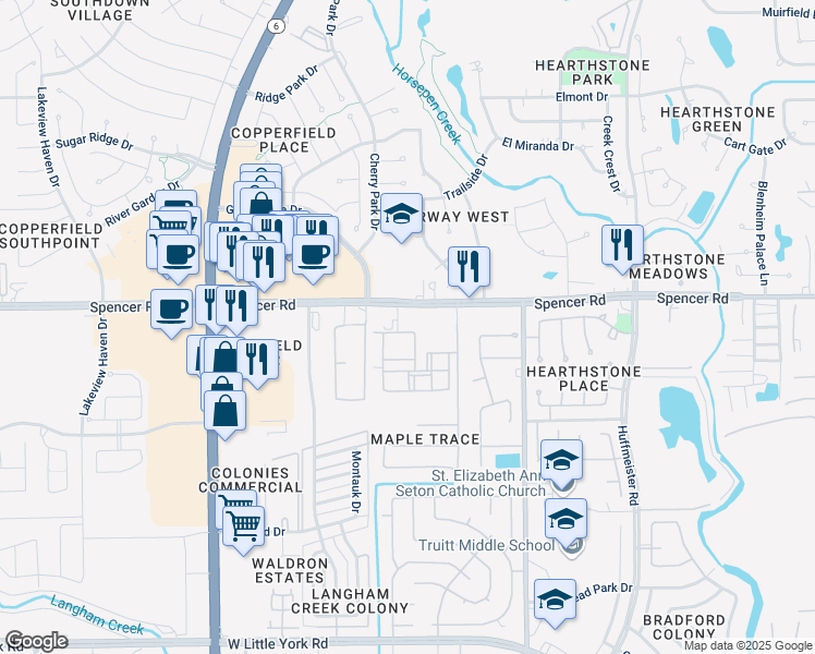 map of restaurants, bars, coffee shops, grocery stores, and more near 15087-15115 Spencer Road in Houston
