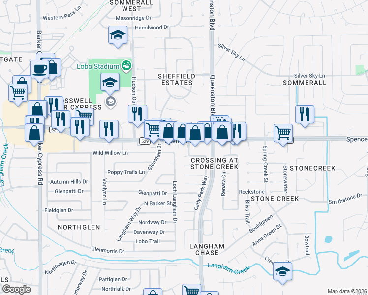 map of restaurants, bars, coffee shops, grocery stores, and more near 17325 Farm to Market Road 529 in Houston
