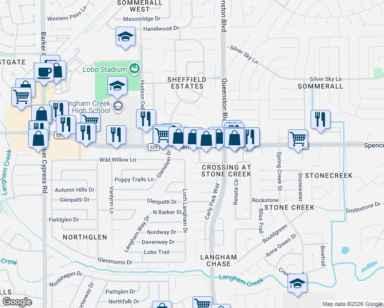 map of restaurants, bars, coffee shops, grocery stores, and more near 17325 Farm to Market Road 529 in Houston