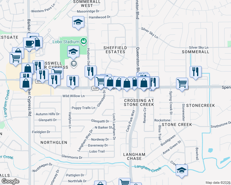 map of restaurants, bars, coffee shops, grocery stores, and more near 17325 Farm to Market Road 529 in Houston