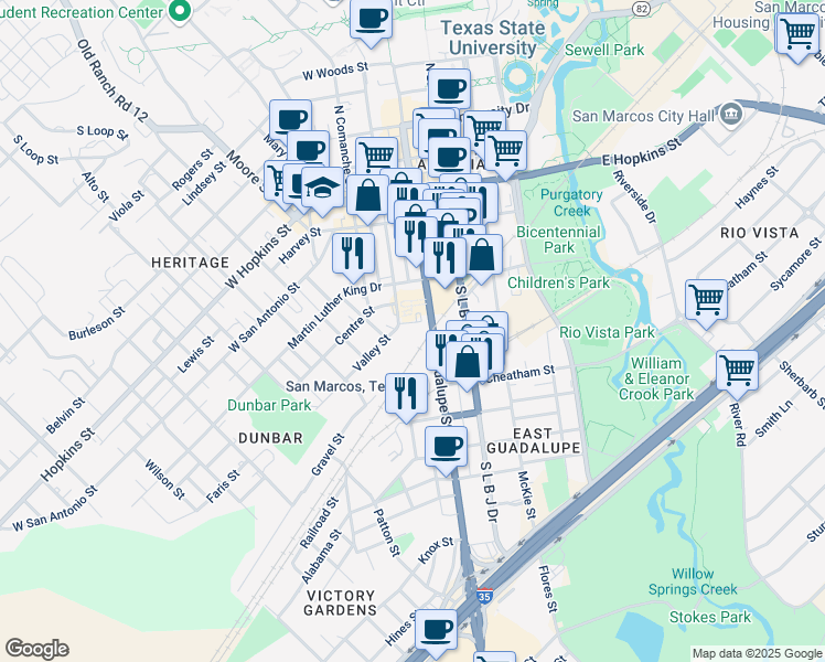 map of restaurants, bars, coffee shops, grocery stores, and more near 228 South Guadalupe Street in San Marcos
