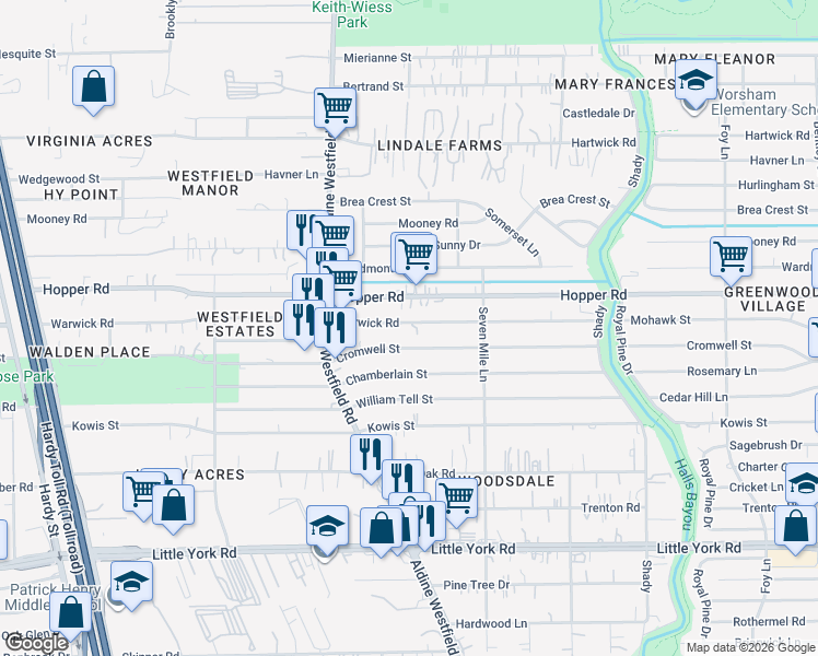 map of restaurants, bars, coffee shops, grocery stores, and more near 2202 Warwick Road in Houston
