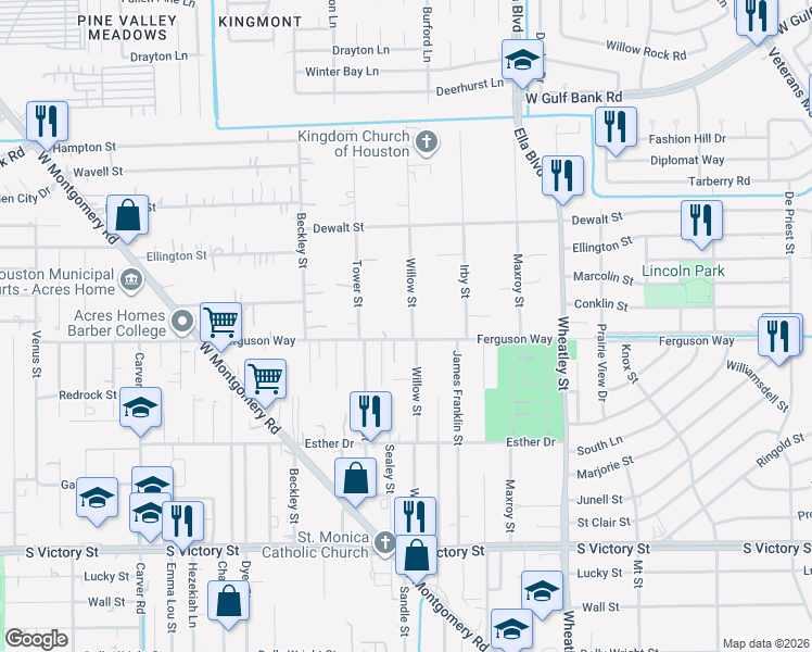 map of restaurants, bars, coffee shops, grocery stores, and more near 9303 Willow Street in Houston