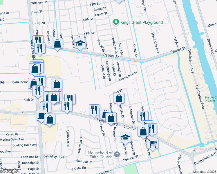 map of restaurants, bars, coffee shops, grocery stores, and more near 1740 Jutland Drive in Harvey