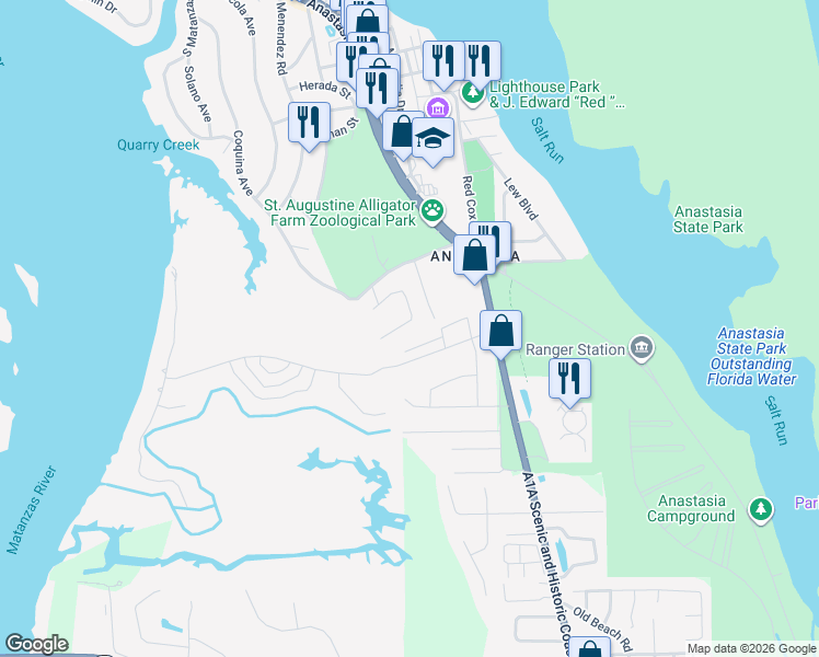 map of restaurants, bars, coffee shops, grocery stores, and more near 26 Park Terrace Drive in St. Augustine