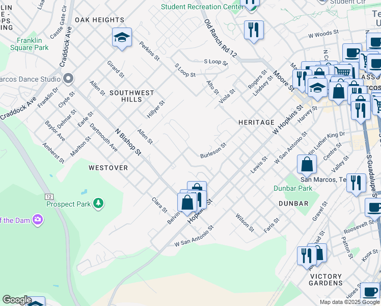 map of restaurants, bars, coffee shops, grocery stores, and more near 1213 Burleson Street in San Marcos
