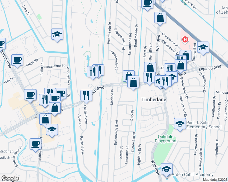map of restaurants, bars, coffee shops, grocery stores, and more near 715 Marlene Drive in Gretna