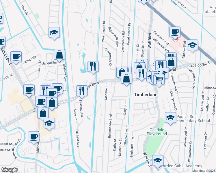 map of restaurants, bars, coffee shops, grocery stores, and more near 715 Marlene Drive in Gretna