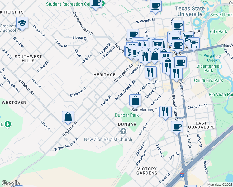 map of restaurants, bars, coffee shops, grocery stores, and more near 110 A B N Endicott Street in San Marcos