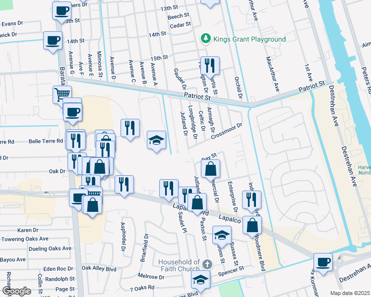 map of restaurants, bars, coffee shops, grocery stores, and more near 1740 Jutland Drive in Harvey