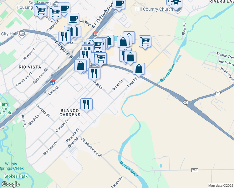 map of restaurants, bars, coffee shops, grocery stores, and more near 1407 River Road in San Marcos