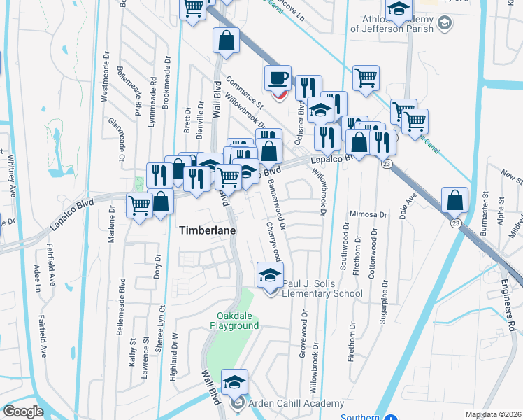 map of restaurants, bars, coffee shops, grocery stores, and more near 231 Cherrywood Drive in Gretna