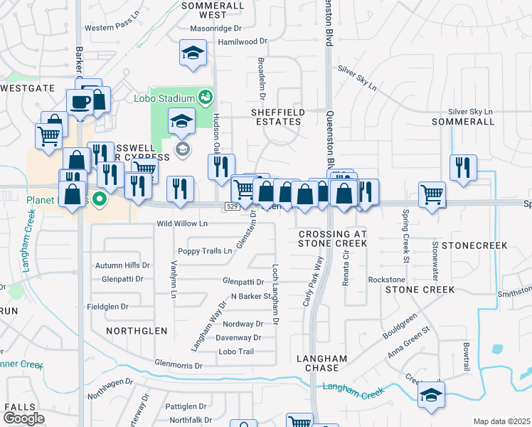map of restaurants, bars, coffee shops, grocery stores, and more near 17325 Farm to Market Road 529 in Houston