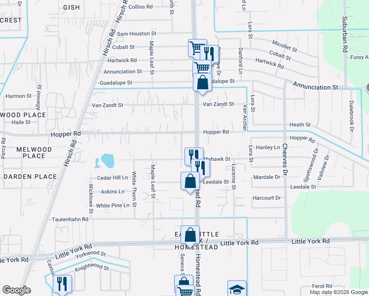 map of restaurants, bars, coffee shops, grocery stores, and more near 11131 Homestead Road in Houston