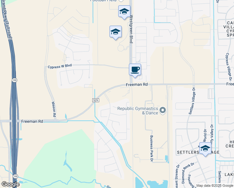 map of restaurants, bars, coffee shops, grocery stores, and more near 6950 Scarlet Sagebrush Street in Katy