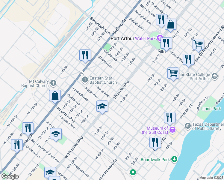 map of restaurants, bars, coffee shops, grocery stores, and more near 625 12th Street in Port Arthur