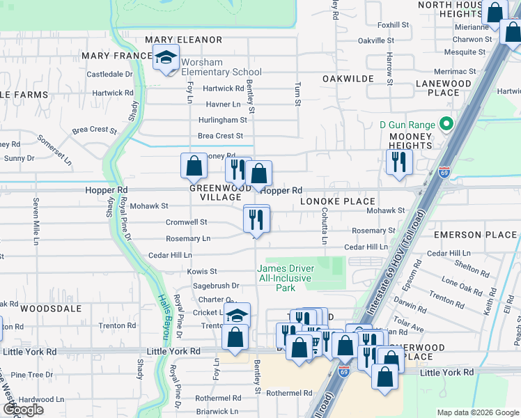 map of restaurants, bars, coffee shops, grocery stores, and more near 11202 Bentley Street in Houston