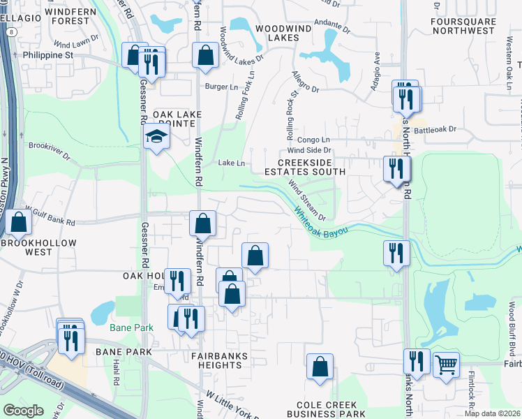 map of restaurants, bars, coffee shops, grocery stores, and more near 8122 White Oak Place in Houston