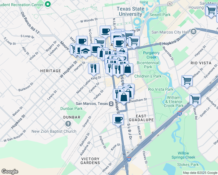 map of restaurants, bars, coffee shops, grocery stores, and more near 228 South Guadalupe Street in San Marcos