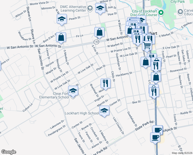 map of restaurants, bars, coffee shops, grocery stores, and more near 801 Clear Fork Street in Lockhart