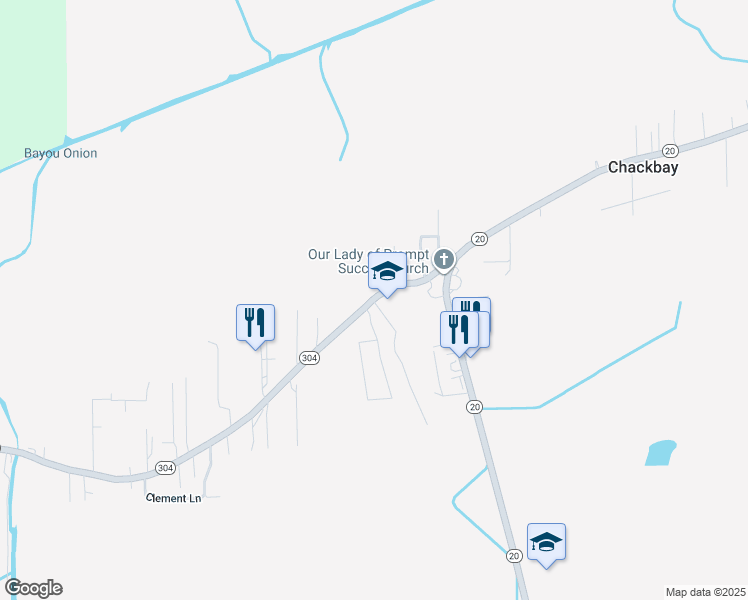 map of restaurants, bars, coffee shops, grocery stores, and more near 101 School Lane in Thibodaux