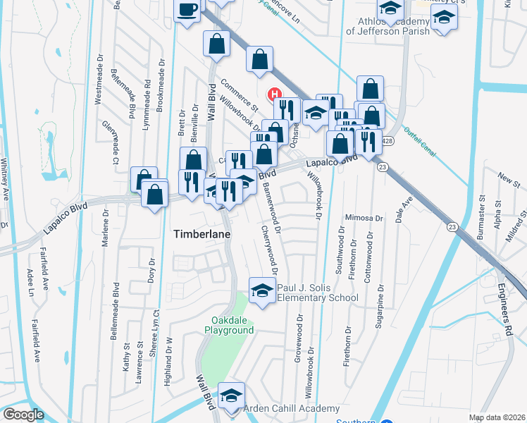 map of restaurants, bars, coffee shops, grocery stores, and more near 231 Cherrywood Drive in Gretna