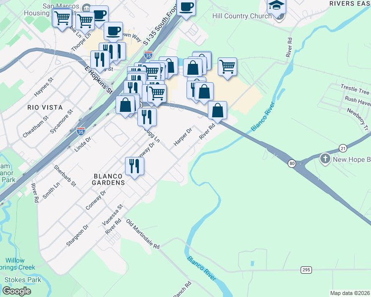 map of restaurants, bars, coffee shops, grocery stores, and more near 1409 River Road in San Marcos