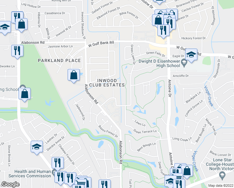 map of restaurants, bars, coffee shops, grocery stores, and more near 6130 Long Leaf Drive in Houston