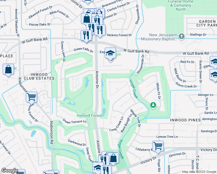 map of restaurants, bars, coffee shops, grocery stores, and more near 7807 Turfwood Lane in Houston