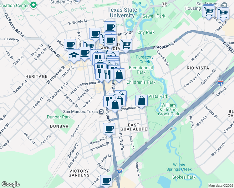 map of restaurants, bars, coffee shops, grocery stores, and more near 308 South L B J Drive in San Marcos