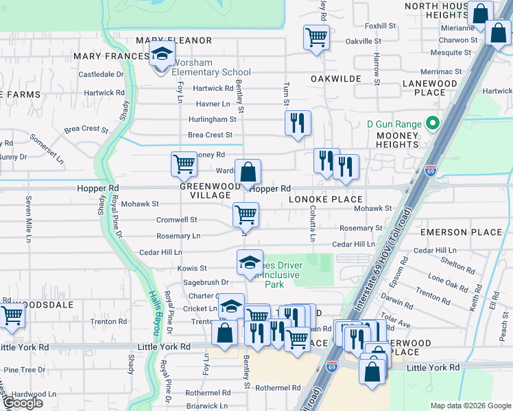 map of restaurants, bars, coffee shops, grocery stores, and more near 11202 Bentley Street in Houston