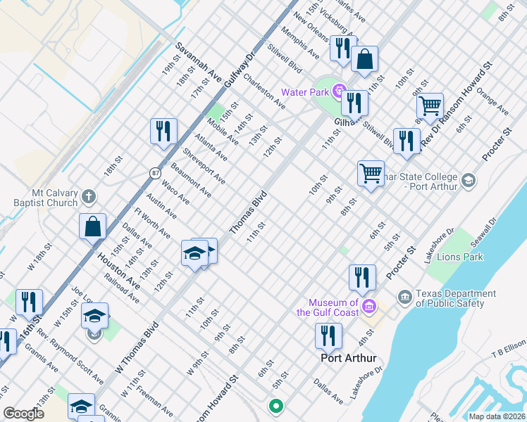 map of restaurants, bars, coffee shops, grocery stores, and more near 801 11th Street in Port Arthur