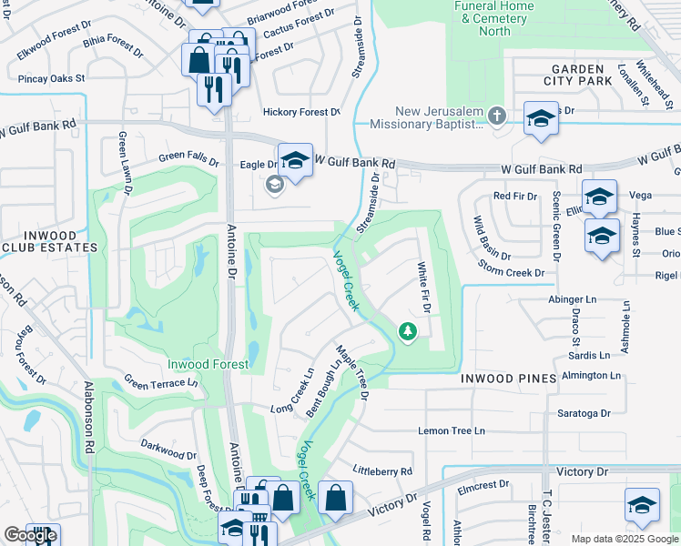 map of restaurants, bars, coffee shops, grocery stores, and more near 7810 Maple Tree Drive in Houston