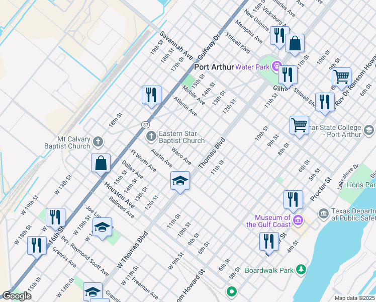 map of restaurants, bars, coffee shops, grocery stores, and more near 625 12th Street in Port Arthur