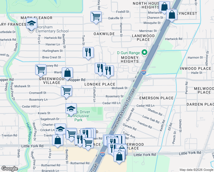 map of restaurants, bars, coffee shops, grocery stores, and more near 3813 Mohawk Street in Houston