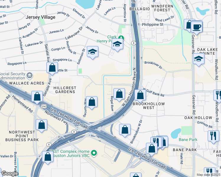 map of restaurants, bars, coffee shops, grocery stores, and more near 10423 Regal Row in Houston