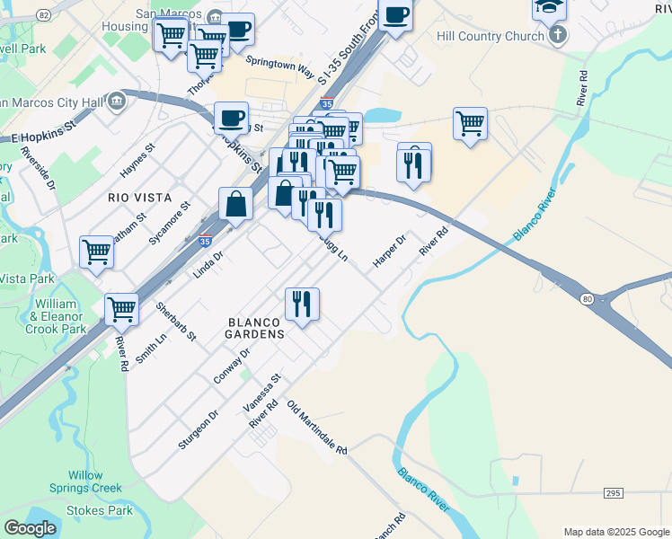 map of restaurants, bars, coffee shops, grocery stores, and more near 1302 Conway Drive in San Marcos